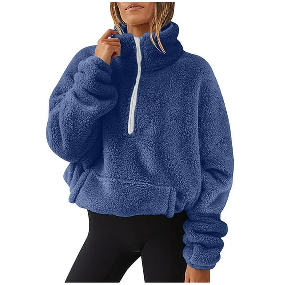 Trendy Fleece Stand Collar Sweatshirt for Women Solid Long Sleeve Pockets Pullover Ladies Casual Loose Tops
