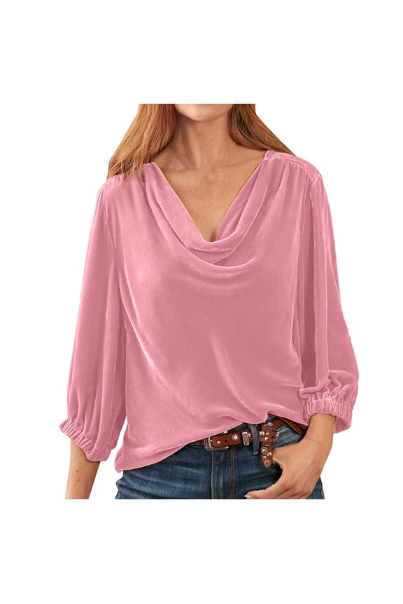 Trendy Velvet Tops for Women Cowl Neck 3/4 Sleeve Casual Dressy Blouses Soft Loose Plain Pullover Top Elastic Cuffs (XL, Pink)