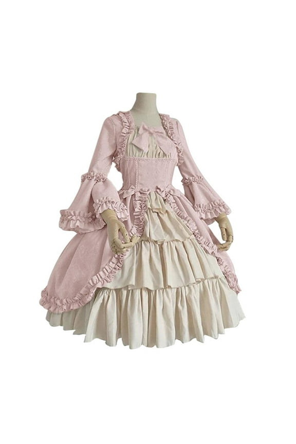 Fashion Women Vintage Gothic Court Square Collar Patchwork Bow Long Sleeve Dress