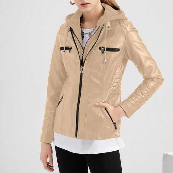 Turilly Lady Coats Winter Plus Size Jackets Women's Solid Color Long Sleeved Leather Jacket Zippered Jacket Pocket Women's Spring Short Jacket
