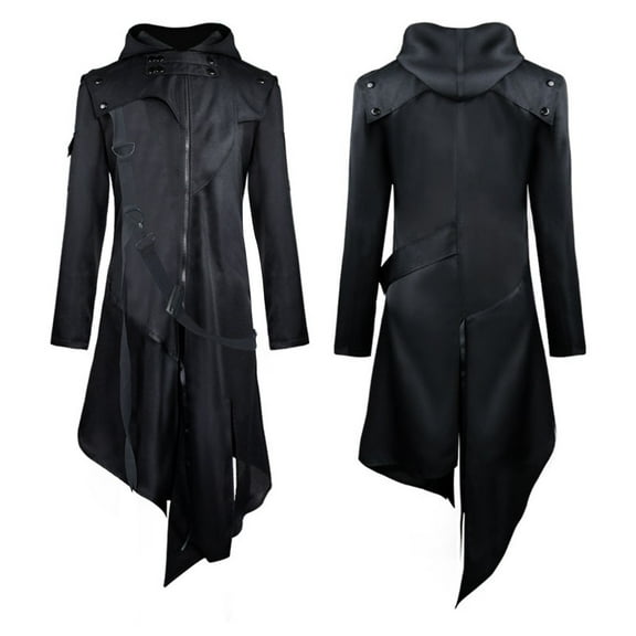Turilly Men Halloween Retro Steam Punk Gothic Cape Jacket Long Sleeve Hooded with Metal Button Long Trench Coat
