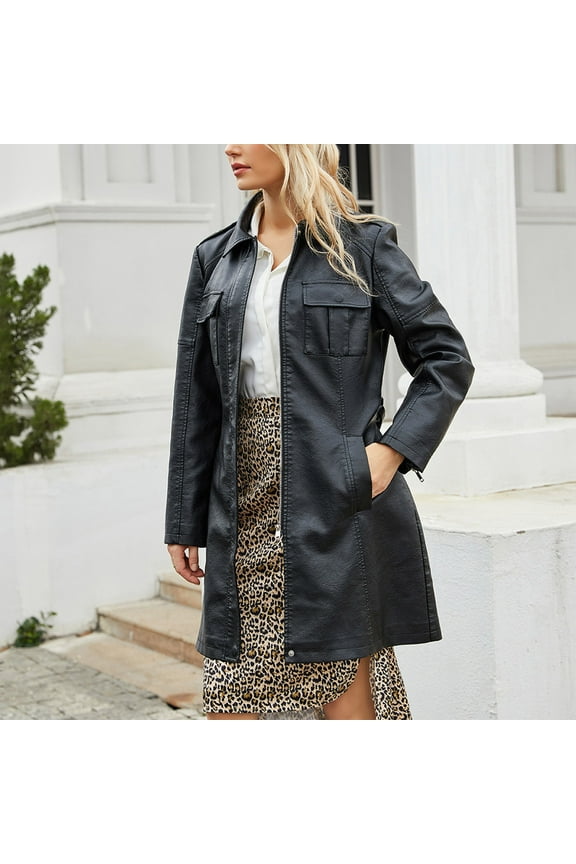 Women Coats Winter Jacket Women's Mid Length Leather Jacket with Belt Spring and Fashionable British Jacket