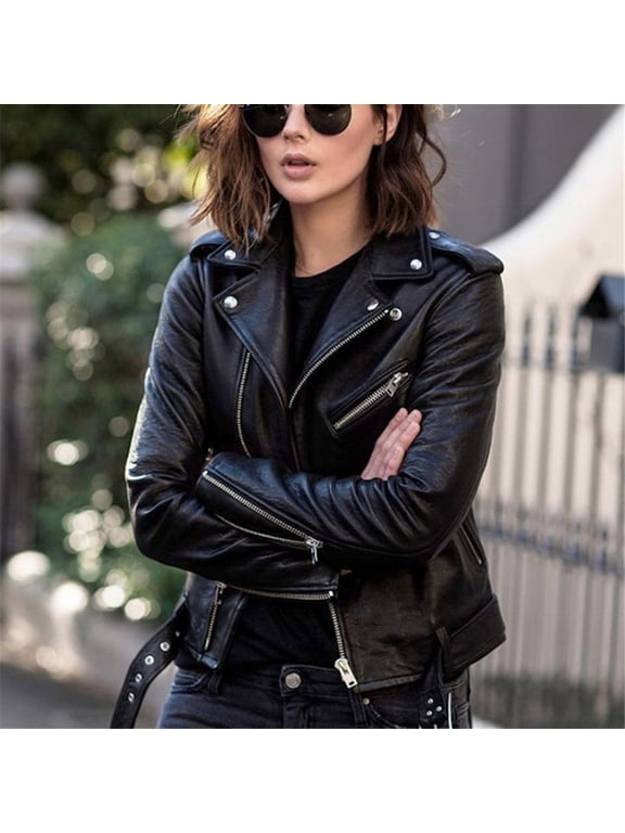 Women Cool Faux Leather Jacket Long Sleeve Zipper Fitted Coat Fall Short Jacket