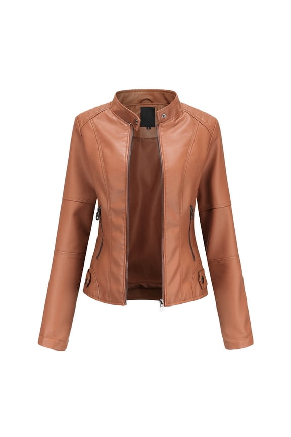 Womens Jackets Ladies New Ladies Slim Leather Stand-Up Collar Zipper Stitching Solid Color Jacket
