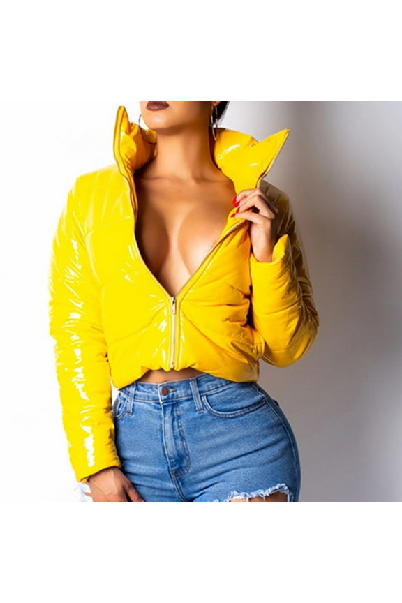 Womens Jackets Ladies Women Fashion Long Sleeve Glossy Leather Bread Down Jacket Zipper Pockets Coat