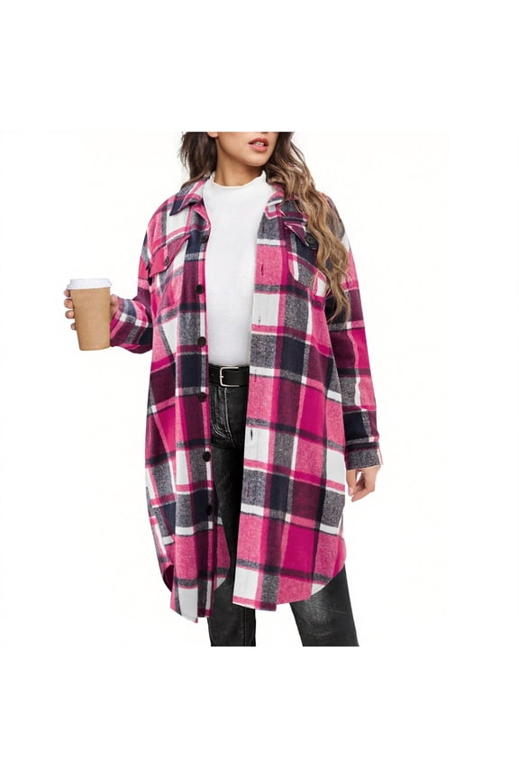 Womens Plaid Long Wool Blend Coat Shacket Jackets Long Sleeve Button Down Casual Boyfriend Flannel Shirts