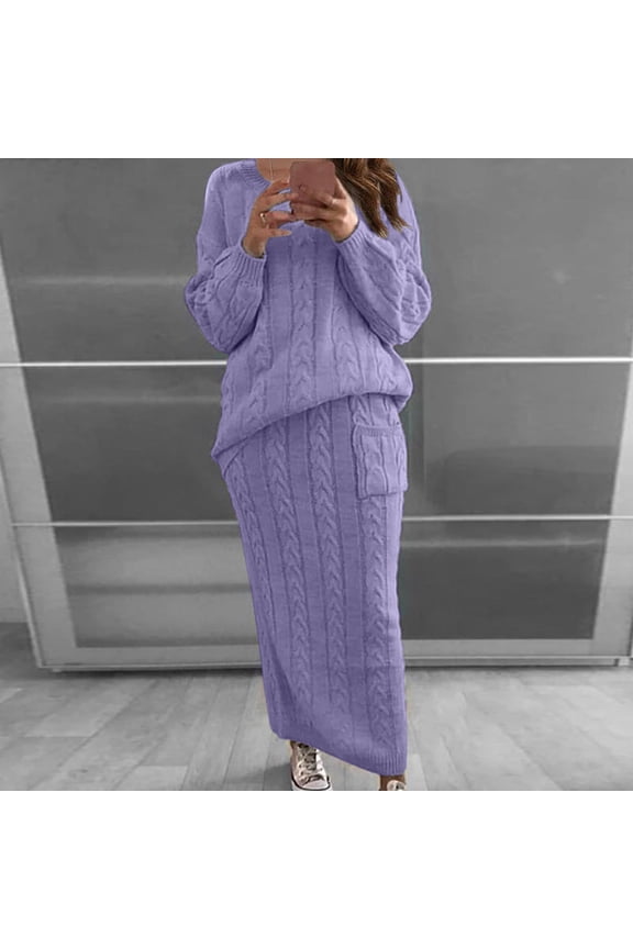 Womens Solid Color Round Neck Long Sleeve Cable Knitted Warm Two-Piece Skirt Sweater Suit Set