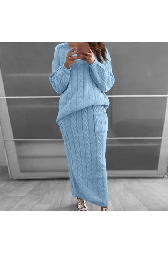 Womens Solid Color Round Neck Long Sleeve Cable Knitted Warm Two-Piece Skirt Sweater Suit Set