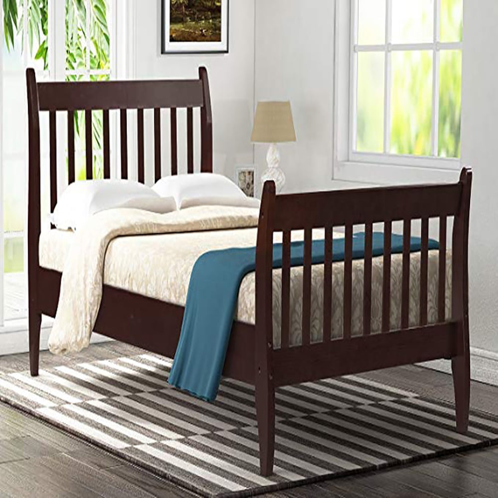 Clearance Twin Bed Frame Platform Mattress Foundation with Headboard Solid Wood Slat Support-Espresso