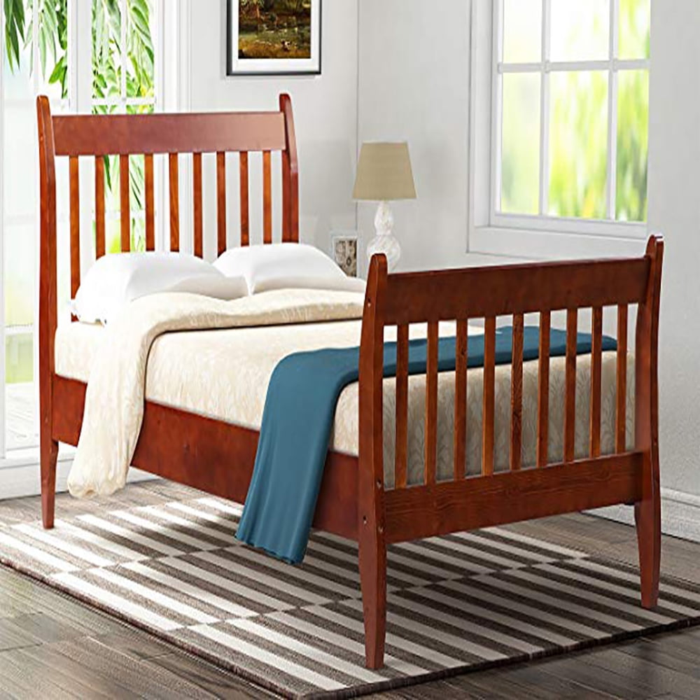 Clearance Twin Bed Frame Platform Mattress Foundation with Headboard Solid Wood Slat Support-Walnut