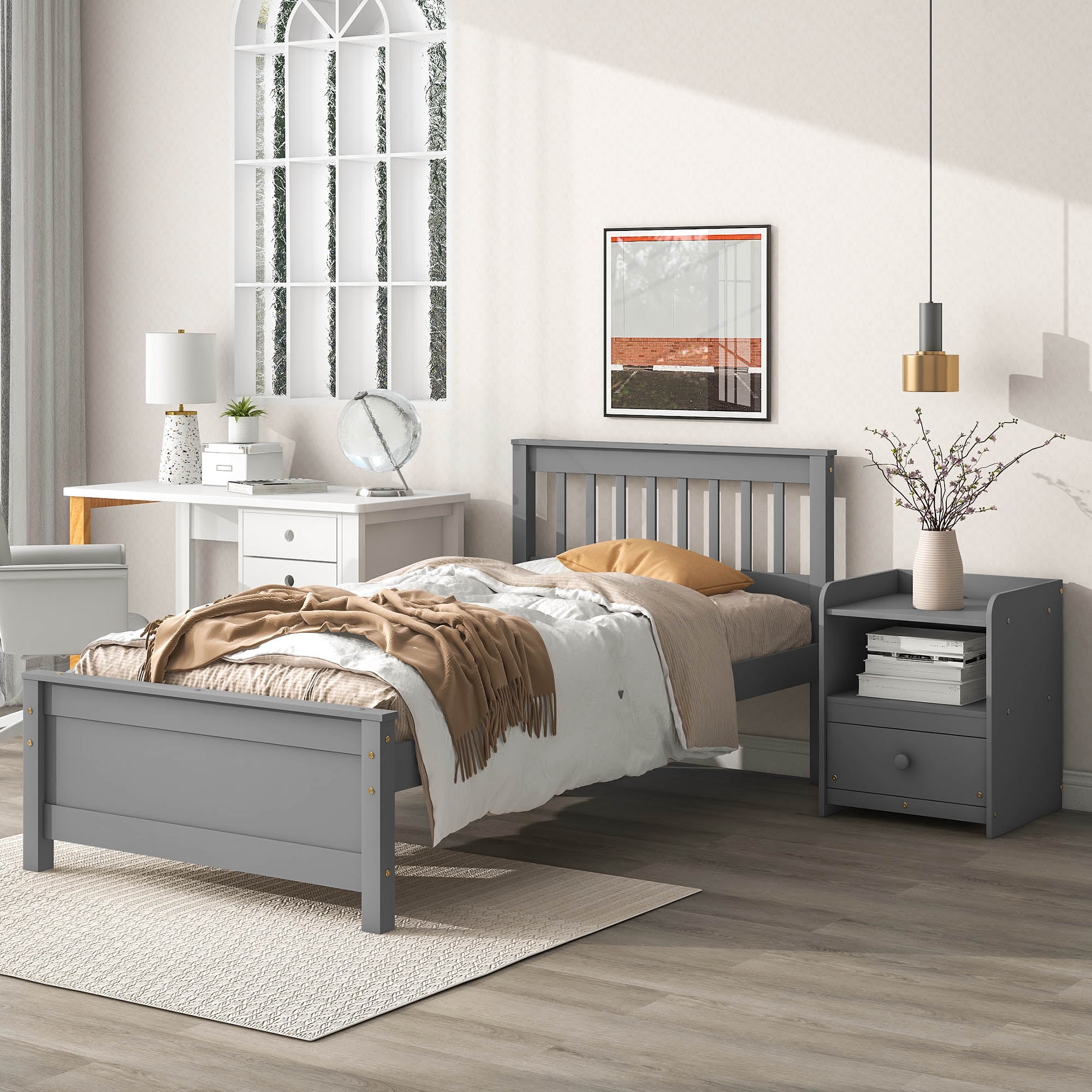 Clearance Twin Bed with Headboard and Footboard for Kids Teens Adults with a Nightstand Grey