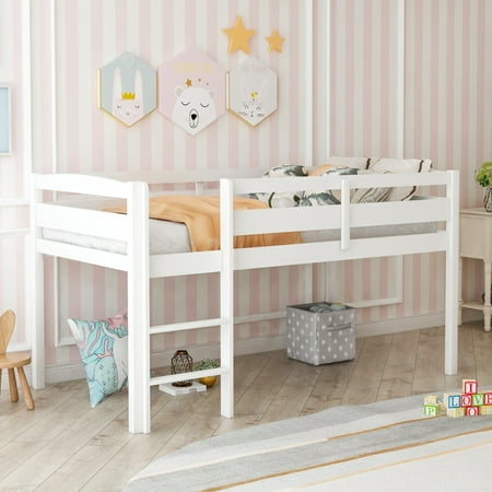 Clearance! Twin Wood Loft Bed Low Loft Beds with Ladder,Twin,White