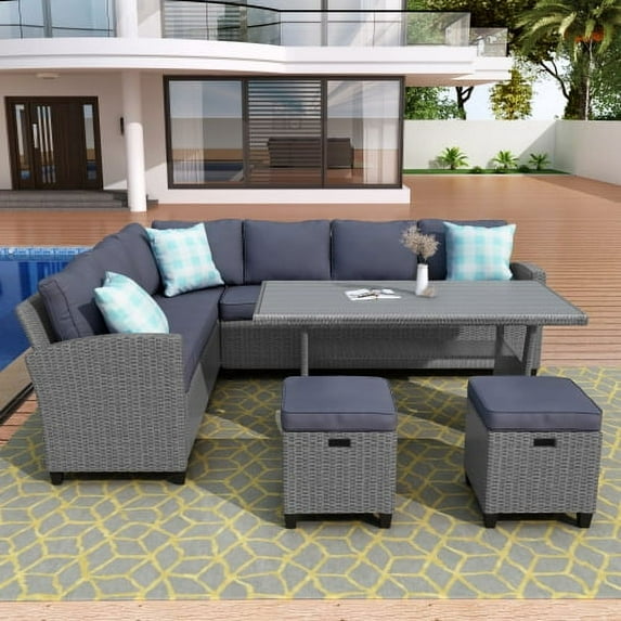 Clearance U_STYLE Patio Furniture Set, 5 Piece Outdoor Conversation Set All Weather Wicker Sectional Sofa Couch Dining Table Chair with Ottoman and Throw Pillows