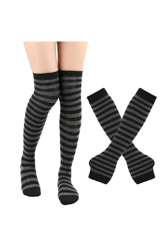 UHGANN Under $5 Womens Striped Knee High Socks Stockings Y2K Goth Knitted Long Arm Warmer Fingerless Gloves Set
