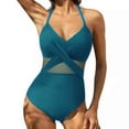 thumbnail image 1 of UTSJKR Women V Neck One Piece Swimsuit Wrapped Mesh Tummy Control Bathing Suit with Adjustable Spaghetti Straps Blue 12, 1 of 4