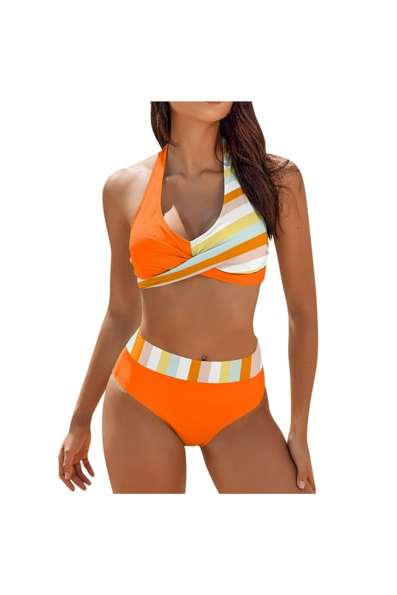 Women's High Waisted Bikini Sets Tummy Control Swimsuits 2025 Two Piece Bathing Suits Color Block Halter Swim Suits Orange 10