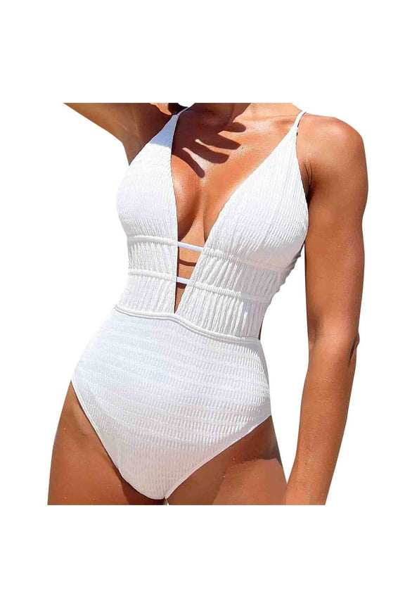 Women's One Piece Swimsuit Tummy Control Bathing Suits V Neck Swimwear Sexy Monokini Cut Out Cross Backless High Cut Bathing Suit White 12-14