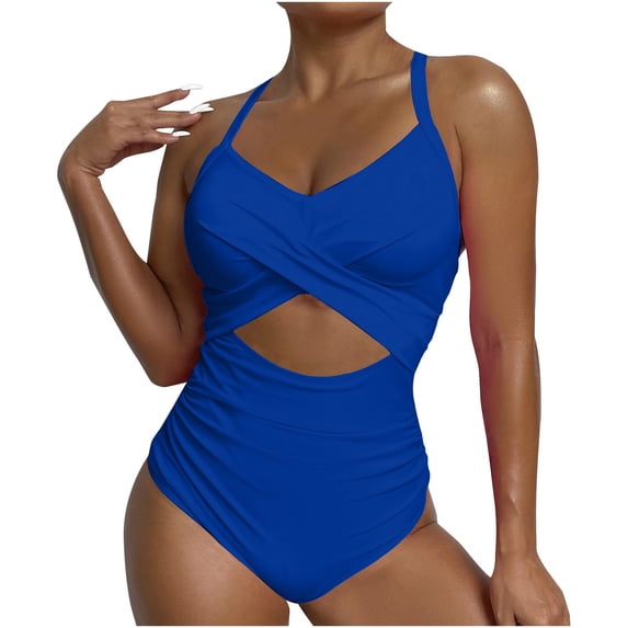UTSJKR Women's Ribbed One Piece Swimsuit Tummy Control High Cut Bathing Suit Sexy V Neck Criss Cross Monikini Blue 10