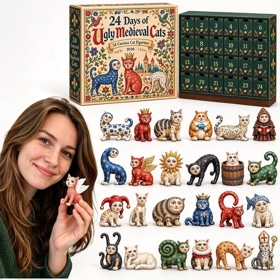 Clearance! Ugly Medieval Cat Advent Calendar 2026, 3D 24 Collectible Cat Figurines for Cat Lovers & Owners