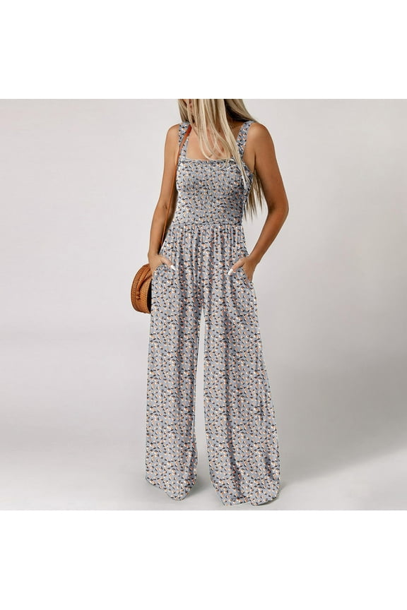 Umbreon Gray Jumpsuits for Women Casual Loose Overalls Sleeve Less Printed Wide Leg Long Pant Rompers Beach Vacation Clothes for Women With Pockets