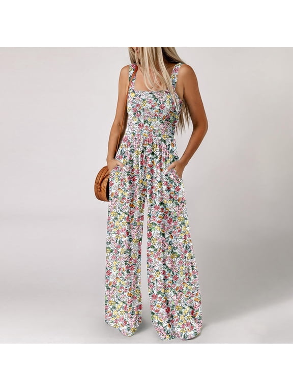 Jumpsuits for Women Casual Loose Overalls Sleeve Less Printed Wide Leg Long Pant Rompers Beach Vacation Clothes for Women with Pockets