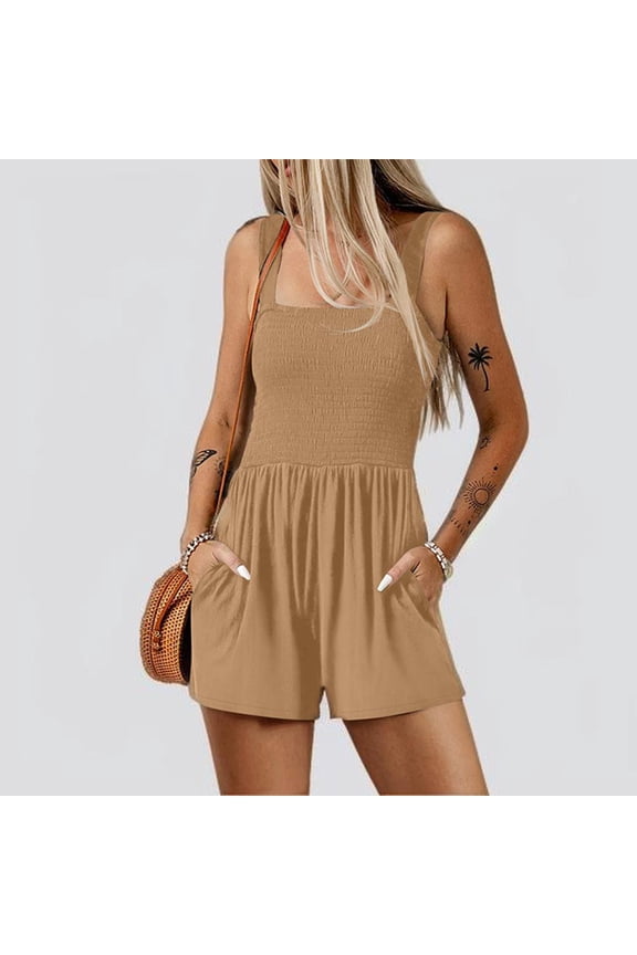k Haki Womens Rompers Summer Vacation Beach Outfits Sleeve Less Shorts Overalls Jumpsuits Loose Casual Soft Fashion Clothing with Pockets