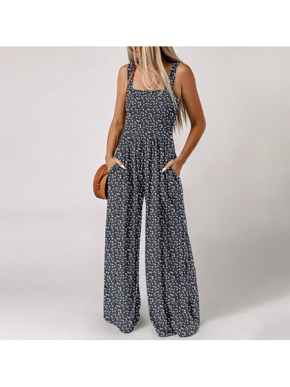 Navy Jumpsuits for Women Casual Loose Overalls Sleeve Less Printed Wide Leg Long Pant Rompers Beach Vacation Clothes for Women with Pockets