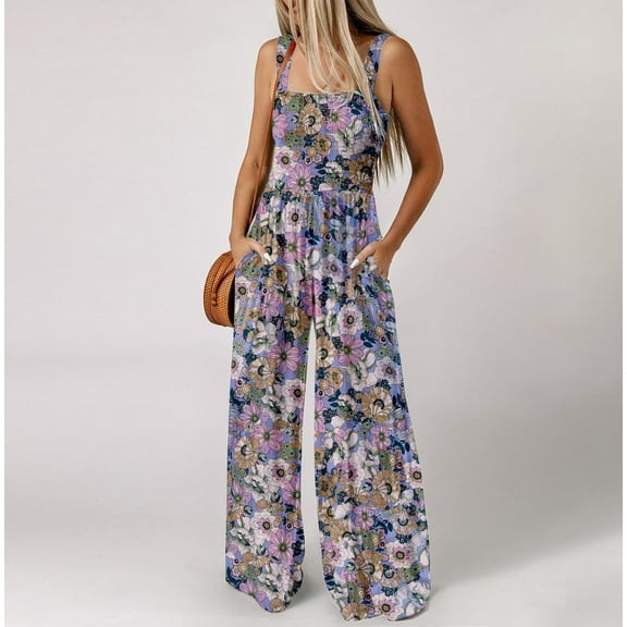 Umbreon Purple Jumpsuits for Women Casual Loose Overalls Sleeve Less Printed Wide Leg Long Pant Rompers Beach Vacation Clothes for Women With Pockets