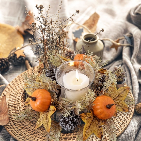 Clearance Under $0.8! Pumpkin Pinecone Decorative Wreath Candle Holder Aromatherapy Fall Thanksgiving Decor