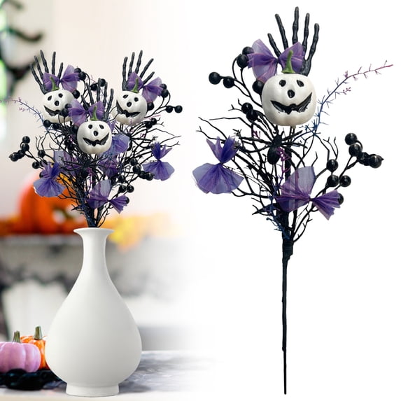 Clearance Under $0.9! 1 Pack Halloween Stem with Pumpkin Eyeball and Black Leaves, Plastic Picks for Vases and Centerpieces