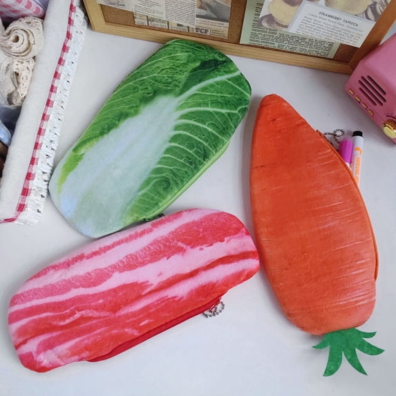 Clearance Under $1.3! 1 Pack 3D Plush Vegetable-Shaped Pencil Case, 24x10x1cm Soft Novelty Storage Bag, Creative Stationery Organizer Pouch