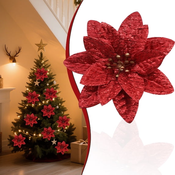 Clearance Under $1 3-Pack Glitter Christmas Flower Ornaments 5.1in in Red for Holiday Tree Decor