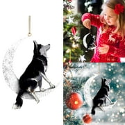 Clearance Under $1.39 Wooden Dog On Moon Christmas Tree Pendant