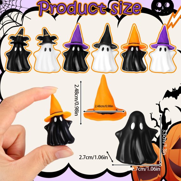 Clearance Under $1.46! 1SET Halloween Mini Ghost Figurines, 48PCS Resin Assembly Set with Hats for DIY, Plastic, (One Size, Black)