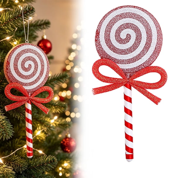 Clearance Under $1 Christmas Lollipop Ornament, Glitter Candy Hanging Decor, 1PC, 21x8.8cm, Xmas Tree Pendant, Red (A)