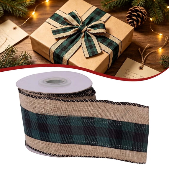 Clearance Under $1 Christmas Wired Ribbon, 1 Roll Burlap Plaid Holiday Ribbon, Blackish Green 6x457cm, DIY Bows Wreath Xmas Tree Decor