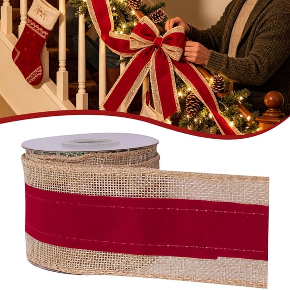 Clearance Under $1 Christmas Wired Ribbon, 1 Roll Burlap Plaid Holiday Ribbon, Brick Red 6x457cm, DIY Bows Wreath Xmas Tree Decor