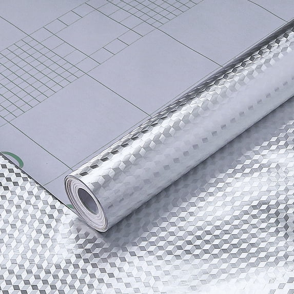 Clearance Under $1 Kitchen Oil-Proof Aluminum Foil Sticker Roll, Silver Diamond Grid Texture Self-Adhesive Wallpaper