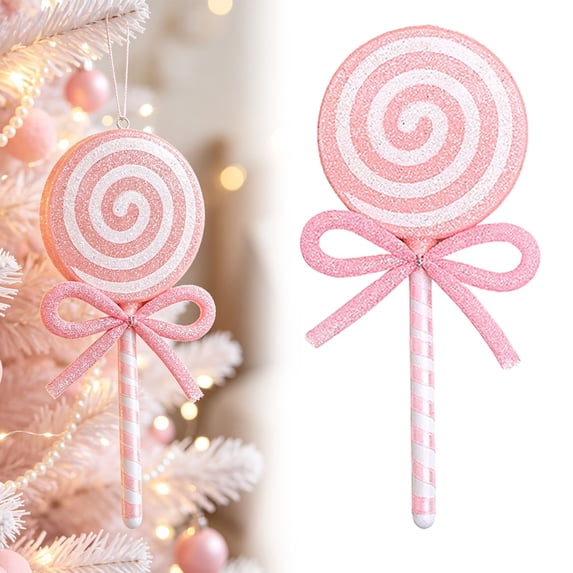 Clearance Under $1 Pink Lollipop Ornament, Glitter Candy Christmas Pendant, 1PC, 21x8.8cm, Tree Hanging Decor, Pink (B)