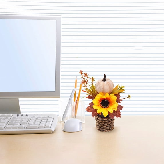 Clearance Under $1 White and Fall Potted Arrangement with Sunflower Pumpkin and Maple Leaves