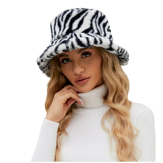 qolati Winter Faux Fur Bucket Hat Women Fashion Printed Warm Beanie Hats Outdoor Fisherman Cap Plush Sherpa Bucket Hat