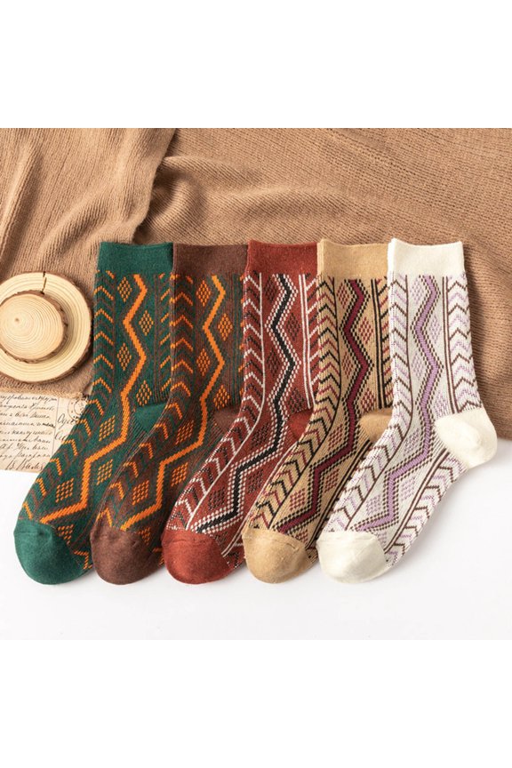 Clearance Under 10$! 5Pairs Women Warm Winter Retro Print Thick Knit Cozy Middle Tube