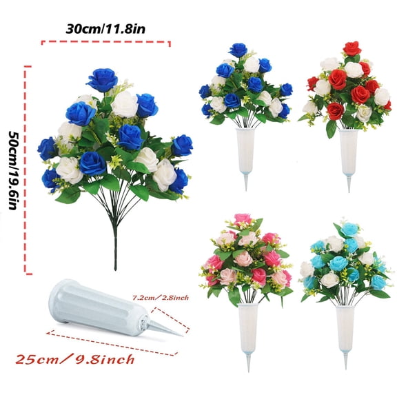Clearance Under $10 Artificial flowers, 1 Set Cemetery Memorial Artificial Flower Rose Bouquet With Vase Sympathy Floral Decor