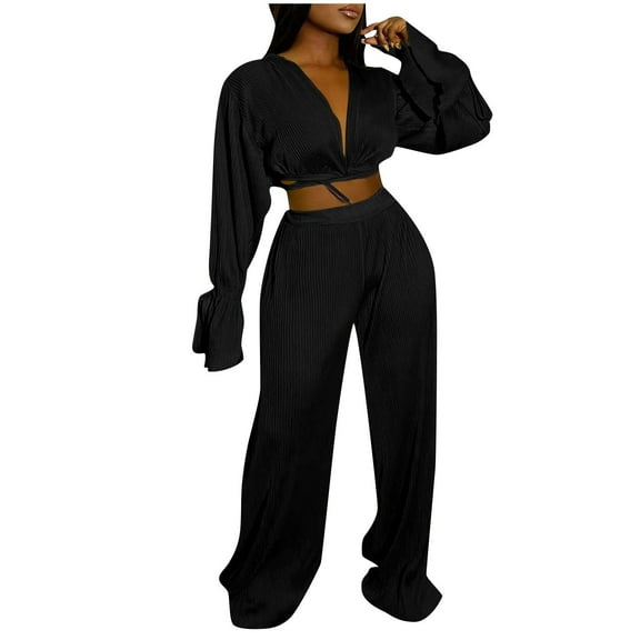 Autumn Plus Size 2 Piece Sets for Women Casual V-Neck Bandage Long Sleeve Wrinkled Long Pant Set