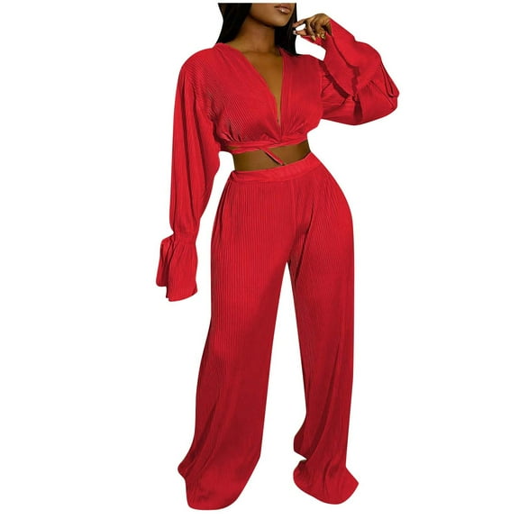 Autumn Plus Size Two Piece Sets for Women Casual V-Neck Bandage Long Sleeve Wrinkled Long Pant Set