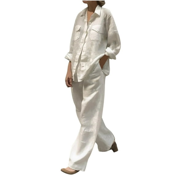 Autumn Plus Size Two Piece Sets for Women Spring And Summer V-neck Loose Lapel Long Sleeved Shirt Wide Leg Pants Color Set