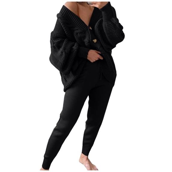 Autumn Plus Size Two Piece Sets for Women V-neck Solid Sweater Set Knitted Cardigan Coat Pants Two Piece Set