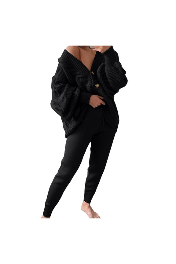 Autumn Plus Size Two Piece Sets for Women V-neck Solid Sweater Set Knitted Cardigan Coat Pants Two Piece Set