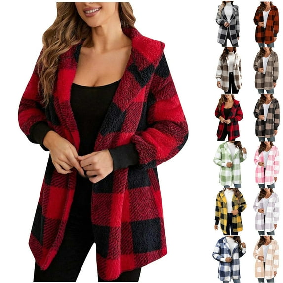 Autumn and Winter Plaid Jackets for Womens 2024 Plus Size Coat Long Sleeve Plaid Faux Shearling Oversized Jacket