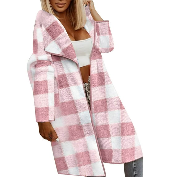 Autumn and Winter Plaid Jackets for Womens 2024 Plus Size Fall And Long Lapel Long Sleeve Plush Plaid Warm Coat